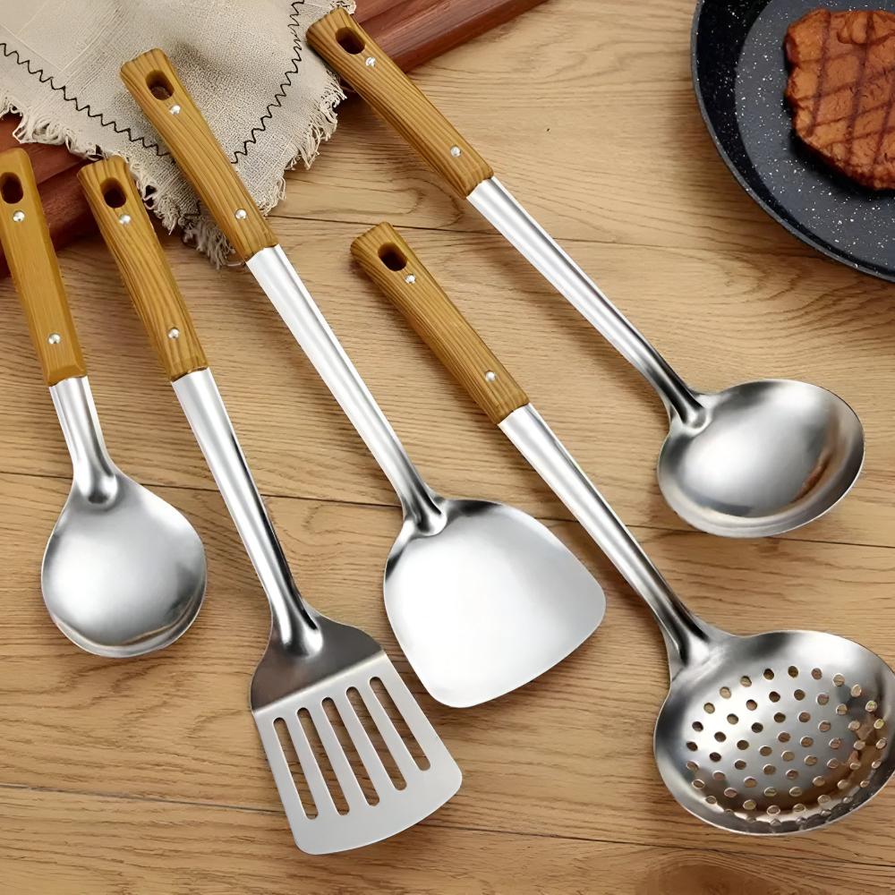 Stainless Steel Kitchen Utensil Set with Wood-Grain Grip – 5-Piece