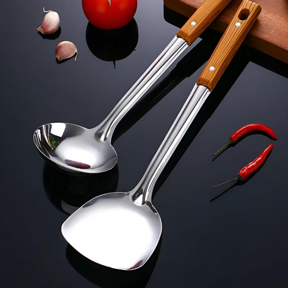 Stainless Steel Kitchen Utensil Set with Wood-Grain Grip – 5-Piece