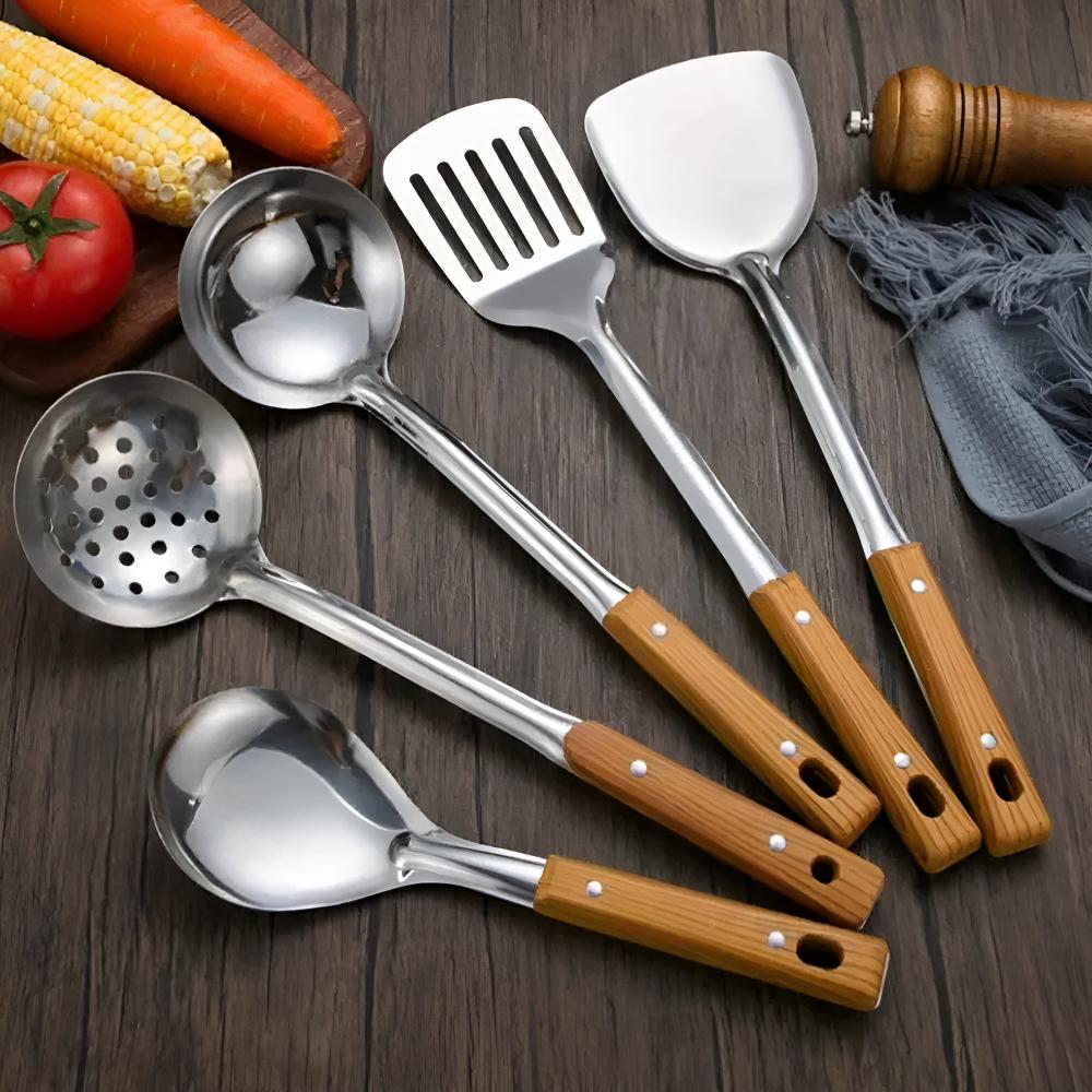 Stainless Steel Kitchen Utensil Set with Wood-Grain Grip – 5-Piece