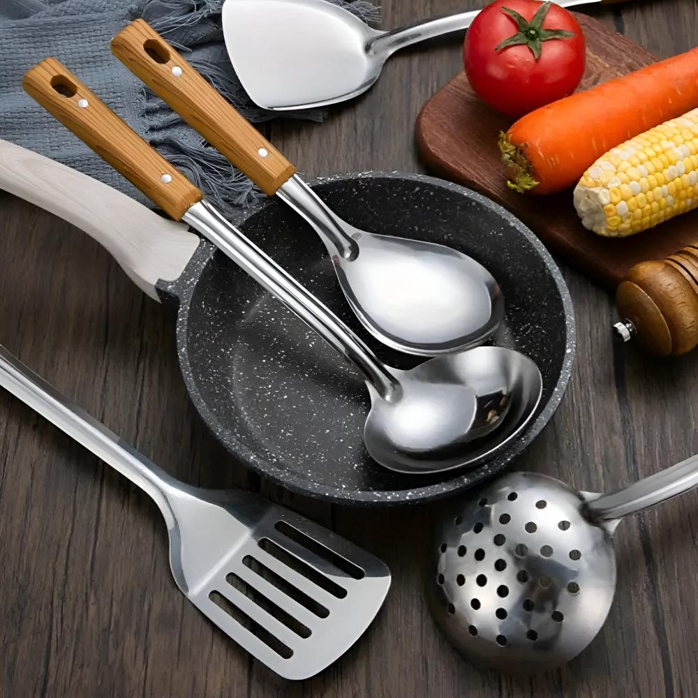 Stainless Steel Kitchen Utensil Set with Wood-Grain Grip – 5-Piece