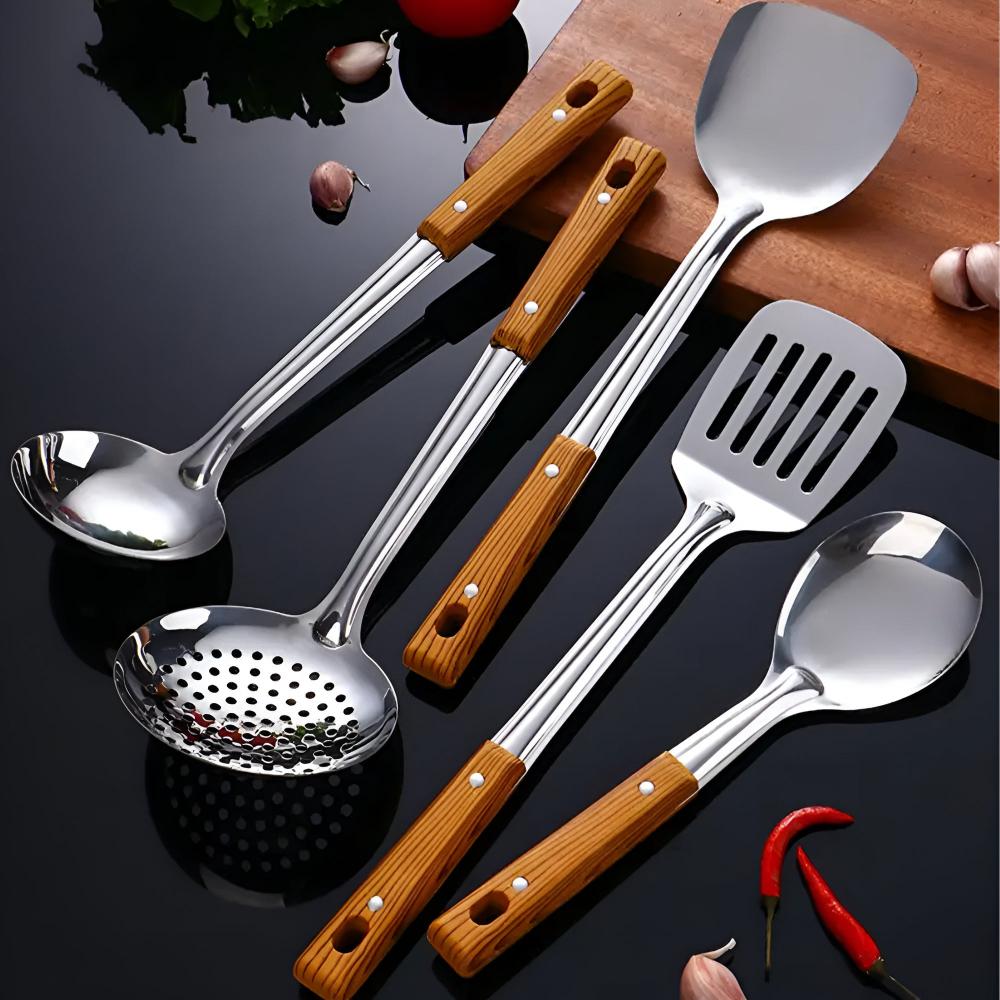 Stainless Steel Kitchen Utensil Set with Wood-Grain Grip – 5-Piece